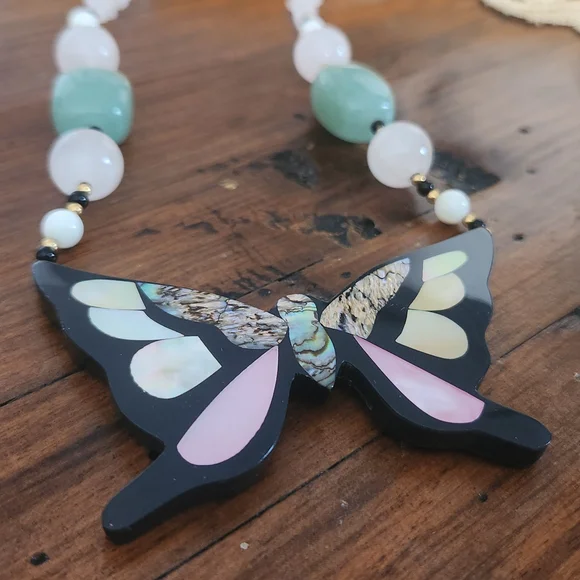 Lee Sands Vintage Inlay Elegant Butterfly Necklace with Pink and Green Accents - Picture 9 of 10